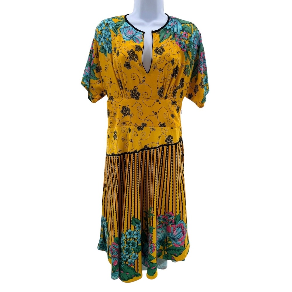 Farm‎ Rio Women's Dress Hand Block Printed Yellow Boho Tropical Resort Medium